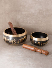 Load image into Gallery viewer, Black Tibetan Om Singing Bowl - 3.25 and 5.25 inches
