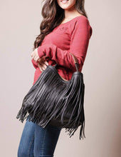 Load image into Gallery viewer, Vegan Leather 2-in-1 Fringe Tote - Black
